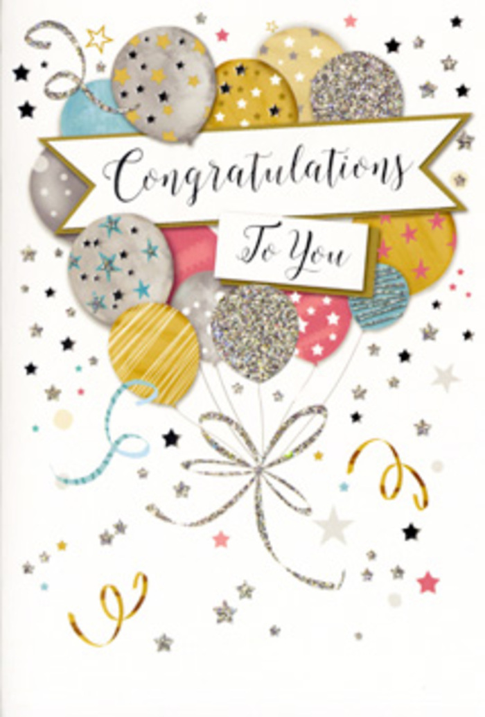 An ornate congratulations card is displayed as though waiting to be slipped into a flower delivery from Cheam Florist, its design radiating quiet festivity. The main illustration shows a lush cluster of helium-style balloons gathered in the centre, forming a rounded, bouquet-like shape. The colour palette blends champagne gold, antique silver, soft blush pink, powder blue, and gentle grey, each balloon softly shaded to suggest a subtle sheen. Patterns of tiny stars, shimmering dots, and elegant stripes are printed on their surfaces, creating the impression of fine glitter and foil detailing when viewed up close. Thin gold and silver strings trail from the balloons, intertwining at the base in loose curls that mimic the flowing ribbons we often tie around our arrangements. Across the middle of the design, a wide banner unfurls gracefully, bearing the words Congratulations To You written in decorative, swirling script, like something you might see on a carefully hand-lettered sign at a celebration near Cheam Park. Around this central motif, the pale background is enlivened by scattered metallic stars, confetti-like dots, and curling streamers, all in harmonious gold and silver tones that catch the light and give the card a festive but tasteful sparkle. The overall effect is sophisticated and joyful rather than brash, with the composition carefully balanced so that the eye moves naturally from the banner to the balloons and back again. As an experienced florist, I can imagine the card being chosen to accompany congratulatory flowers for GCSE results, a promotion in nearby Sutton, or a new home in Cheam, its tactile details and gentle glamour helping to express emotions that feel too big for words alone.