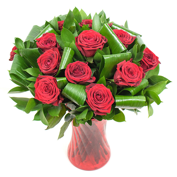 A refined, opulent arrangement of roughly twelve to fifteen deep crimson roses is photographed against a pristine white background, each bloom in perfect, velvety maturity with petals that spiral outward from a compact centre. The rose colour ranges from saturated scarlet to a near-wine crimson in shadow, the soft, even studio light revealing subtle textural ridges on each petal and lending a tactile, almost touchable quality to the bouquet. Interspersed throughout is a generous mass of dark green foliage: smaller glossy leaves create a dense, verdant base while larger, glossy aspidistra-like leaves have been artistically curled, looped, and folded into cylindrical shapes that provide architectural support and visual contrast. These folded leaves form graceful collars and pockets that spotlight individual rose heads, introducing a contemporary twist to a traditional romantic bouquet. The vessel is a tall, translucent ruby-red glass vase with a faintly spiralled or ribbed surface; its tapered neck and stable base are balanced and elegant, the glass catching and reflecting light to reinforce the roses' passionate hue. Set against white, the bouquet reads as a singular statement - ideal for anniversary gifts, Valentine's Day, or a luxurious centrepiece for a private dinner in a Cheam home near Rosehill and the village green. The overall impression is one of considered craftsmanship: scent, colour, texture, and form combined to offer an intimate, expressive floral gesture that feels both timeless and unmistakably local.