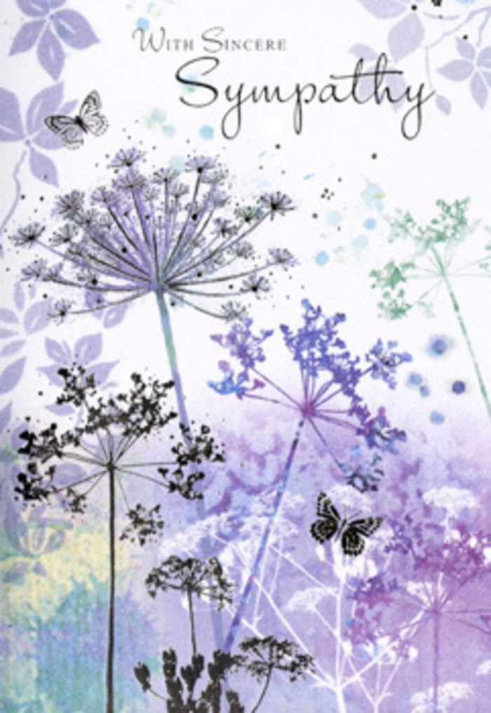 This sympathy card presents a tranquil, almost meditative study of wildflowers, much like a still moment along Cheam's quieter residential lanes after a soft shower. Slender stems rise tall and slightly arched, crowned with delicate umbelliferous blooms that fan out in filigree clusters. Each flower head is sketched and washed with care, blending violet, lavender, and powdery blue tones that melt into hints of silvery greens, as if the colours have been allowed to run and mingle on wet paper. Behind the blooms, the background is gently blurred, a soft veil of cool purples and misty blues that could easily evoke distant trees or hedgerows fading into the distance near Nonsuch Mansion. Two butterflies hover above the wispy petals, their shapes light and almost translucent, wings held delicately as if they have only just alighted. They bring a quiet suggestion of hope, of spirits lingering kindly nearby. The light is diffuse and restful, with no sharp contrast-just an even, soothing glow that encourages a slow, inward breath. There is a sense of space in the composition, of pauses between the stems and clusters that invite reflection, like taking a moment on a bench off the Broadway to let emotions settle. Every line and gentle wash of colour feels considered, the kind of detail a florist attuned to the language of flowers would naturally appreciate. This card becomes more than paper and ink; it is a calm surface on which grief and gratitude can rest together, offering comfort to anyone in Cheam or beyond who needs to feel seen in their sorrow.