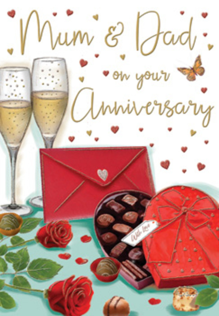 Luxuriously detailed anniversary card illustration capturing a joyful celebration scene that feels at home in Cheam, as if set on a sideboard ready for an evening toast. At the heart of the design, two sumptuous red roses lie on a smooth surface, their petals richly layered with deep ruby and scarlet tones that create a sense of depth and softness, suggesting the touchable freshness of a florist's best selection. Surrounding the blooms, full, glossy green leaves curve gently outward, creating a natural frame that draws the eye toward the centre of the card. Slightly to the side rests a heart-shaped box of chocolates, its body painted in a bold, romantic red and crowned with an opulent bow. Each loop of the ribbon is shaded to convey a satin sheen, and the tails trail gracefully toward the roses. The lid is tipped open, revealing rows of small chocolates nestled in dark compartments; their rounded tops and square edges are picked out with highlights that make them look indulging and real. Behind this tempting display, two tall champagne flutes stand together like a devoted couple, filled with sparkling golden liquid. Tiny bubbles rise in delicate streams, and faint reflections shimmer along the rims, evoking the sound of a gentle clink. Overhead, gold and crimson hearts drift across a soft, creamy background, adding movement and a playful hint of confetti. A bright red envelope rests prominently in the foreground, carefully sealed and angled as though just placed there after writing a loving message to Mum and Dad. The warm lighting feels like candlelight or early evening glow, the kind of comforting ambiance you might find in a Cheam home where family gathers to celebrate another special year together.