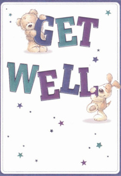 A sense of gentle cheer fills this get well card, as if sunlight has touched the heart of Cheam and found its way into the design. On a backdrop of crisp white, two delightfully illustrated friends-a cuddly bear and a soulful puppy-join in sharing a wish for wellness. The bear hugs the top of the exuberant word 'GET' rendered in deep teals and vibrant purples, while the pup, with its floppy ears and eager gaze, cozies up to the playful 'WELL' below. Scattered stars, glimmering in shades of blue and soft lavender, spill across the card like petals caught on a local Cheam breeze, adding a whimsical note of optimism and magic. The textures are so inviting-the bear's plushness and the puppy's velvety fur almost tangible, as if you might stroke their comforting forms, echoing the tactile joy of running your hand through fresh blooms gathered at Cheam Florist for a same-day delivery. The card's design is grounded in the intention to soothe and heal: bold letters leap forward, carrying encouragement, while every brushstroke feels laid with care and expertise reminiscent of arranging the perfect get well bouquet for a neighbour along The Broadway or Nonsuch Park. It's a message that transcends words, delivering genuine kindness and hope-ideal for making recovery a little lighter in the Cheam community.