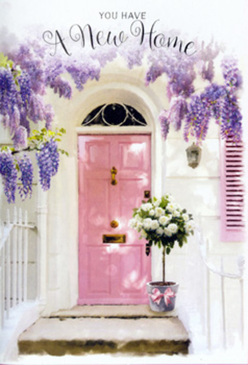 This image captures a serene Cheam doorway dressed as though for a private celebration, the kind of scene you might stumble across on a quiet lane near Nonsuch High Street after a sunny spring shower. A pale pink front door stands at the centre, its paint finish softly matt and warmly reflective, catching a gentle wash of daylight. Around it, wisteria cascades in thick, tumbling garlands of lavender and lilac, the blooms hanging like clusters of tiny bells from twisting, woody stems. Their colour is mirrored in faint shadows on the whitewashed wall and a single painted shutter, giving the entrance a dreamlike, painterly quality. Resting on the doorstep is a chic metal bucket in a cool grey tone, filled to overflowing with creamy white roses, their petals layered and plush, and threaded with fresh green foliage that adds texture and movement. A blush-pink ribbon is tied neatly around the bucket, its satin surface catching a glimmer of light and providing a delicate link between door, blooms, and wisteria. The scene feels like a quiet moment at the very start of a new chapter-a home just taken on in Cheam, a couple returning from signing papers, or a family arriving with boxes-greeted by this thoughtful floral gesture. Every detail, from the softness of the colour palette to the dappled light on the stone step, works together to convey warmth, hope, and a sense that this threshold is ready to welcome stories, celebrations, and everyday life.