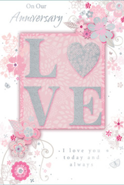 This anniversary card captures the kind of understated elegance that fits perfectly with a cosy Cheam celebration, perhaps after dinner on the high street or a peaceful walk around Nonsuch Park. The dominant palette is a soothing blend of pearly whites, gentle greys, and powder-soft pinks, creating a calm, romantic backdrop that feels both modern and timeless. At its heart, the word "LOVE" is arranged as a textured centrepiece, the raised letters edged with fine glitter that subtly shimmers as the card is turned in the light. The letters appear to rest on a blush-pink panel that glows softly, a little like candlelight falling across a pale rose bouquet. Around this focal word, a delicate flurry of illustrated flowers, slender leaves, and swirling vines drifts across the card's surface. Each bloom is rendered in fine, precise detail, with hints of silver foil catching the eye, reminiscent of the careful artistry a florist uses when composing a romantic hand-tied arrangement for local Cheam deliveries. The layout is airy, with plenty of breathing space, allowing the floral motifs to seem as though they are gently dancing around the lettering rather than crowding it. Subtle shadows and slight embossing add a sense of depth and craftsmanship, making the design feel almost three-dimensional. Soft, scripted anniversary messages are woven into the composition in an elegant font, reinforcing the tone of lasting affection and quiet celebration. The card as a whole feels like a scented memory pressed between pages: tender, thoughtfully arranged, and perfect for honouring years of love shared in and around the peaceful streets of Cheam.