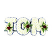 A serene, dignified funeral tribute that spells out the name TOM in bold, three-dimensional letters made from pillowy white chrysanthemums. Each tiny chrysanthemum is placed close together to form a soft, textured surface that reads as a cloud of white from a short distance, while close-up you can see the fine petals and the faint, clean scent they give off. The edges of every letter are carefully traced in a striking royal blue ribbon, the colour like midnight at the edge of dawn, giving crisp definition to each curve and angle and lending a quietly formal frame to the composition. Set into the centre or lower third of the 'T', the 'O' and the 'M' are balanced sprays where one deep, velvety dark red rose becomes the visual and symbolic focal point-an emblem of enduring love and solemn remembrance-surrounded by smaller creamy-white spray roses and delicate buds that soften the intensity of the red. Lush fern fronds and glossy green foliage thread through the sprays, adding elegant texture, movement, and a living green contrast to the pale chrysanthemums. A slim dark green or black metal support bar is visible beneath the letters, anchoring the tribute so it can be displayed upright at a service with quiet dignity. Photographed against a clean white background, the arrangement reads as a calm, respectful statement of farewell: tactile, composed, and handcrafted with a florist's care. This is the kind of personalised memorial piece chosen for wakes and funeral services when family wish to spell a name in flowers that feel like a gentle embrace during a time of mourning.