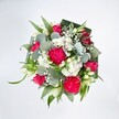 A top-down view of a full, rounded bouquet in vivid hot pink, white, and fresh green, carefully arranged against a pure white background so every flower stands out clearly. At the heart of the design sit large, frilled hot pink carnations, their many ruffled petals creating a rich, velvety texture that feels almost touchable. Nestled between them are deep pink and fuchsia roses, some fully open in classic spiral blooms and others still in tight buds, adding a sense of movement and promise, like flowers just ready to open on a sunny morning in Cheam. Scattered throughout are small clusters of white spray chrysanthemums or daisy-like flowers, their neat, delicate petals forming soft cushions of brightness. Wisps of white gypsophila, or baby's breath, weave through the composition like tiny clouds, while a few slender white buds, likely alstroemeria or another lily-like bloom, stretch upward with an elegant, poised line. The whole bouquet is cradled by lush greenery: rounded, silvery-green eucalyptus leaves catch the light with a gentle sheen, while vivid long green leaves add lift and freshness. Around the outer edge, darker, broader foliage, probably folded aspidistra, forms a polished collar, giving the arrangement structure and a professional, hand-crafted feel. The lighting is bright and even, enhancing each petal and leaf without casting harsh shadows, so the bouquet feels airy, joyful, and celebratory. It looks like the sort of gift a local Cheam family might send to mark a birthday, engagement, or exam success, a modern yet romantic design that would sit beautifully on a dining table or hallway console.