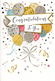 The photograph captures a refined congratulations card that feels like a pocket-sized celebration, perfect to nestle alongside a vase of fresh flowers on a Cheam windowsill. At the centre, a rounded cluster of balloons floats upward, each balloon rendered in soft metallic and pastel shades of gold, silver, champagne, dusky pink, sky blue, and pale grey. Their surfaces are adorned with slender stripes, sprinkled stars, and tiny glitter-like accents, giving the illusion of shimmer and texture without overwhelming the eye. The balloons are loosely gathered by curling gold and silver ribbons, which sweep downward in easy, flowing loops reminiscent of the ribbon tails we knot on gift arrangements. Cutting through the middle of the design is a graceful banner, gently arched and slightly unfurled, carrying the message Congratulations To You in elegant, looping calligraphy that feels warm and sincere. Around this focal cluster, the background remains soft and light, dotted with miniature metallic stars, confetti specks, and whimsical swirls that suggest the floating joy of a party winding down after everyone has cheered. The colours are beautifully balanced, with no harsh tones, just a calm, luminous glow that suits milestones from exam success in local Cheam schools to new jobs and promotions in nearby Sutton offices. From a florist's perspective, the card's design echoes a bouquet: layered, textured, and carefully composed to create a sense of movement and delight. Even without seeing it, you can almost sense the slight thickness of quality card stock and the gentle raised feel of the printed details, making it a keepsake that quietly celebrates a job well done.