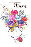 In this Mother's Day card artwork, a generous, free-flowing watercolour bouquet rises from a softly painted vase, creating the impression of a hand-tied arrangement just delivered to a Cheam home. The flowers are depicted in a loose, impressionistic style: lush purples, playful hot pinks, rich reds, and gentle blush tones mingle together, their forms hinted at through layered, translucent washes. Deep indigo lines and shadows give structure to the petals and leaves, while small flickers of gold highlight edges and centres, suggesting both sunlight and the preciousness of the moment being celebrated. The bouquet feels full and vibrant but never overcrowded, with each colour allowed to breathe against the white backdrop, much like a carefully spaced display on a florist's workbench. Around the main cluster of blooms, scattered freckles of paint and subtle heart designs drift outward, evoking confetti, laughter, and the happy chaos of a family Mother's Day breakfast. The vase itself is gently curved and understated, its base wrapped by an elegant golden bow that recalls the rustle of satin ribbon tied around a bouquet bought on Cheam High Road or collected on the way back from Nonsuch Park. The entire composition suggests warmth, tenderness, and celebration-a visual embrace offered from child to mother. It feels ideal for pairing with fresh flowers delivered across Cheam, North Cheam, and nearby neighbourhoods, capturing in painted form the same love and care that goes into arranging a real bouquet for a very special mum.