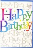This birthday card design looks like a celebration captured on paper, the kind of cheerful greeting you might pair with a colourful bouquet ordered for same-day delivery around Cheam and the nearby streets off Ewell Road. The words Happy Birthday dominate the front in broad, playful lettering, each letter filled with a smooth wash of colour that shifts across the rainbow-from rich reds and vibrant oranges through sunny yellows and fresh greens to cool blues and regal purples. The gradient is soft and carefully blended, giving each letter a rounded, almost luminous appearance, as if lit gently from within. Behind this main phrase, the background is subtly warmed and overlaid with an elegant, looping script in metallic gold that repeats Happy Birthday to you like a gentle chorus. The fine lines of the script weave in and out, creating a textured pattern that glimmers when the card catches the light, much like the gleam of shop windows along Cheam Broadway on a bright afternoon. Dotted around the main words are tiny multicoloured stars and confetti-like specks, scattered in a way that feels spontaneous and festive, as though the card has just been showered with party confetti. The overall finish appears smooth and glossy, enhancing the richness of the colours and the sheen of the gold details. The card's mood is unapologetically joyful and upbeat, perfectly suited to accompany a lively birthday bouquet, bringing a burst of colour and warmth that promises celebration from the very first glance.