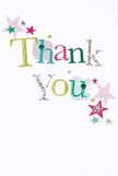 There is a gentle, uplifting spirit woven through this thank you card, as if crafted expressly to brighten someone's day in the welcoming heart of Cheam. The words 'Thank You' are playfully arrayed in a chorus of glowing colours-shimmering silvers, golden yellows, lush greens, and soft blues-each letter touched with delightfully textured dots or delicate stitches that evoke the handmade touches found so often in Cheam Florist arrangements. Spirals of little stars, scattered in cheerful pink, dreamy teal, and sparkling silver, orbit the central message, amplifying its festive and affectionate mood. The white background is crisp and generous, imbuing the whole design with an airy sense of calm, much like a sunlit morning in Cheam's leafy streets. The loose, easy arrangement of stars and letters invites the eye to linger without feeling crowded, bringing to mind a gentle celebration alongside friends and flowers. It's easy to picture the card delivered beside a bouquet, gratitude nearly shimmering off the surface-a whimsical and sincere token perfect for returning kindness or marking a cherished moment right here in Cheam.