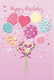 A light, joyful birthday scene floats against a background of dusty pink, reminiscent of an early evening sky over Cheam as the last light softens. At the top, a cluster of balloons appears to rise upward, carrying with it the spirit of the celebration. Pastel tones of blush pink, sea green, soft lemon, and pale lilac mingle harmoniously, while each balloon shows off a different playful pattern-some circling with candy-coloured stripes, others scattered with cheerful polka dots, and one prominent heart-shaped balloon glowing with gentle warmth. These balloons seem to lift a petite bouquet of flowers that gathers at the base, creating the impression that the blooms are almost weightless. The bouquet is filled with delicate roses and anemone-like blossoms, their petals layered and feathery, blending creamy ivory with blush pink and muted mauve. They are tied together with a smooth violet satin bow, its loops and trailing ends catching little glints of imagined light like reflections from shop windows along The Broadway. Around the composition, tiny stars and fluttering butterfly motifs add a hint of fairy-tale magic, as though the bouquet could drift over Cheam's gardens and tree-lined streets. The gentle lighting enhances every curve of petal and every glossy highlight on the balloons, giving the scene a polished yet dreamy finish. It feels like a birthday card chosen with care from a trusted local florist, intended to convey sweetness, joy, and a sense of occasion to someone special celebrating their day in or around Cheam.