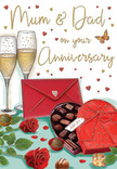 Elegant anniversary card artwork portraying a romantic tabletop scene that could easily belong in a Cheam home, captured in warm, inviting tones. In the foreground, richly coloured red roses lie gently across the surface, their petals full and velvety, with intricate shading that suggests each fold and curve, like freshly cut blooms placed down for a moment before being arranged in a vase. Their deep green leaves fan outward, offering contrast and a sense of natural abundance. Beside them sits an open, heart-shaped box of chocolates, its red lid tipped back and adorned with a large, sumptuous bow whose textured folds catch the light. Inside, an orderly selection of chocolates rests in dark compartments, each piece rounded or squared with a soft sheen that hints at rich, indulgent fillings. Rising just behind, two slender champagne flutes stand close together, filled with pale golden champagne. The liquid sparkles with tiny bubbles rising in delicate lines, as though frozen just before a celebratory toast between devoted parents. Across the card float scattered crimson and gold hearts, some larger, some smaller, framing affectionate wording for Mum and Dad in a hand-lettered style that feels intimate and personal. A vivid scarlet envelope lies in the foreground, neatly sealed and slightly angled, implying a heartfelt note or anniversary message tucked inside. The background is softly lit in warm cream and gold tones, creating a gentle glow reminiscent of evening light filtering through curtains on a quiet Cheam street. Altogether, the composition evokes warmth, gratitude, and the comforting sense of a long, shared journey being honoured with flowers, chocolates, and a glass of bubbly.